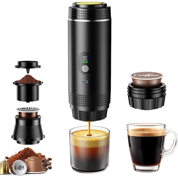 Espressor portabil 3 in 1, 80 ml, 90°C, 7500 mAh, 72W, 20 bar