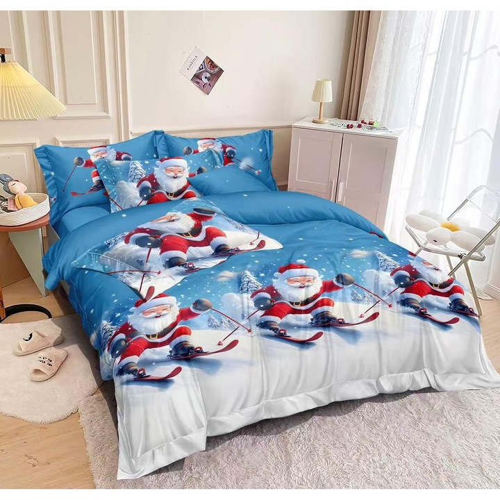 Set Lenjerie de Pat cu Motive de Craciun, Culoare Albastru, din Bumbac tip Finet, 6 Piese, 220x230cm, pentru Pat Dublu, cu 4 Fete de Perna Incluse
