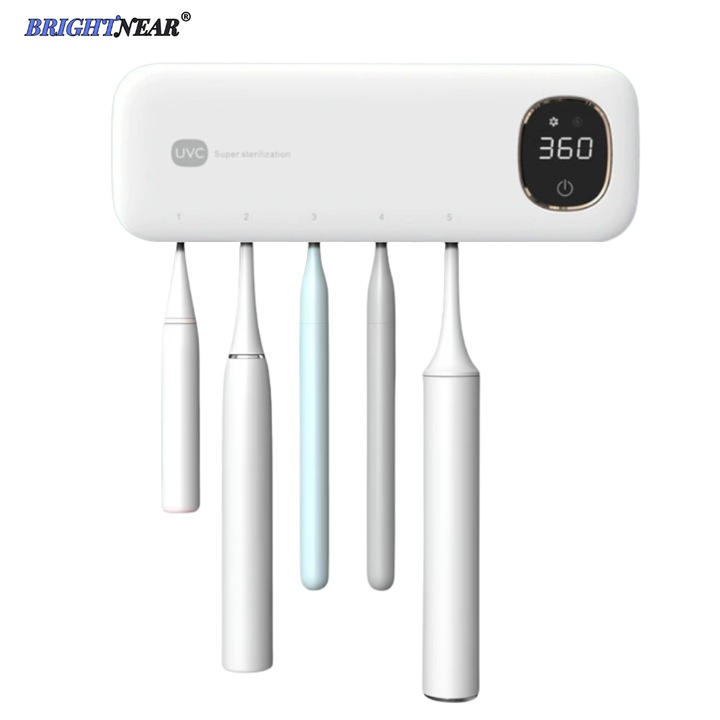 Sterilizator UV Brightnear® pentru Periute de Dinti, Functie de Uscare si Sterilizare Antibacteriala, Eficienta Dezinfectare 99.99%, Organizator cu 5 Sloturi, Montabil pe Perete Fara Gauri, Baterie Reincarcabila, Incarcare USB-C, Afisaj Digital, Alb