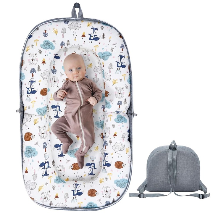 Összecsukható babafészek Kék Róka modell - hordozható ágy, pamut babafészek