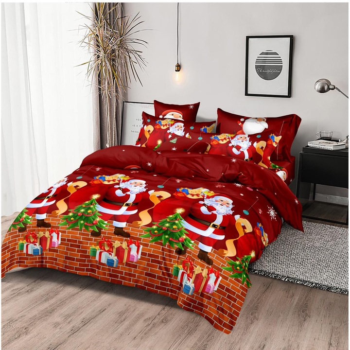 Set Lenjerie de Pat cu Motive de Craciun, Culoare Rosu, din Bumbac tip Finet, 6 Piese, 220x230cm, pentru Pat Dublu, cu 4 Fete de Perna Incluse