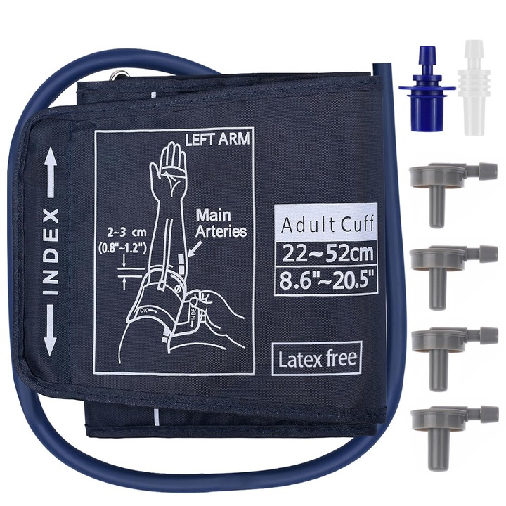 Manseta pentru tensiometru de brat, ajustabila 22-52cm, model universal, Contine diversi conectori, Reutilizabil, Nylon, Albastru
