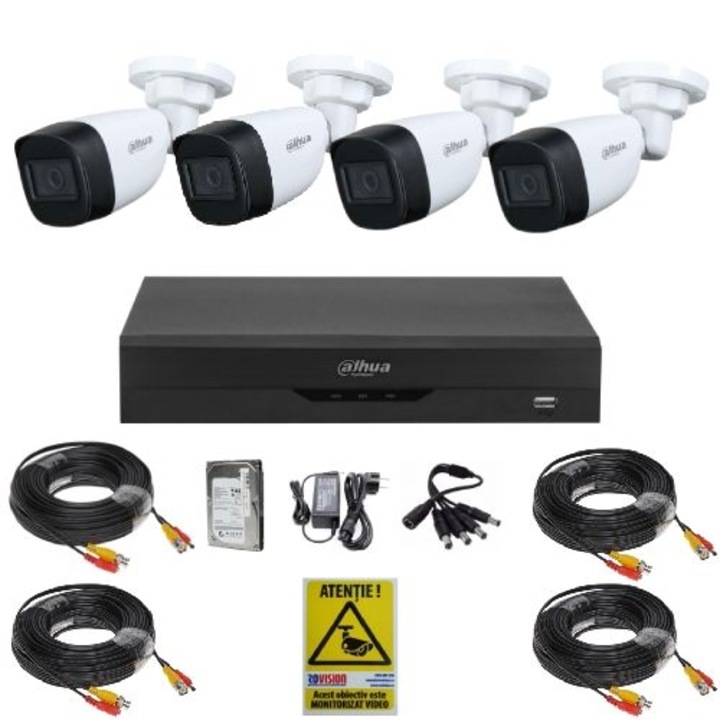 Dahua intelligens megfigyelőrendszer, 4 kamera 2MP Full HD, éjszakai látás 30 m, kültéri, 4 csatornás DVR, 500 GB HDD, szerelési kiegészítők