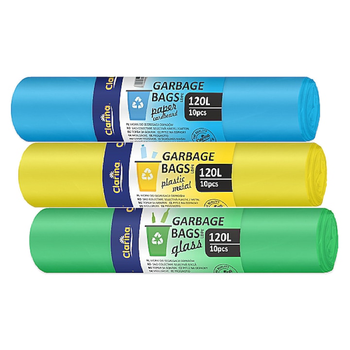 Set 3 X Saci Menajeri 120L, 10 Buc/ rola, ptr colectare selectiva a deseurilor