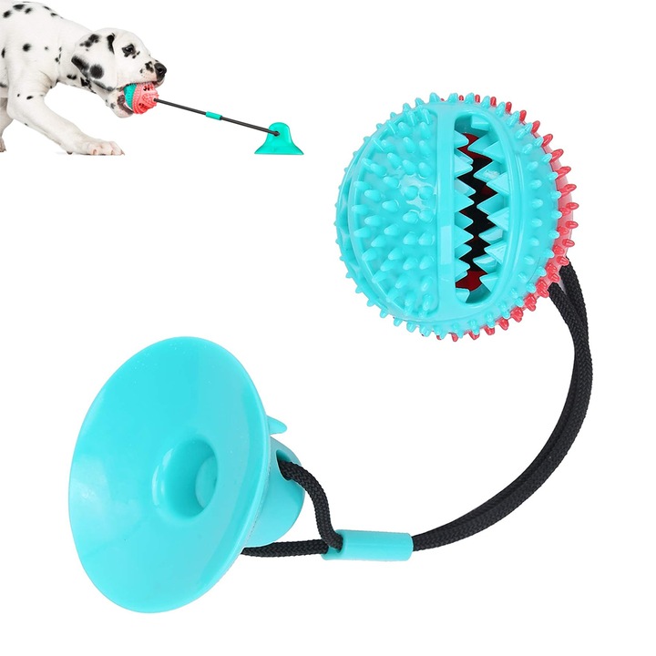 NEXTLY interaktív kutyalabda, tapadókoronggal és zsinórral, ételtartó rekesszel, beépített csengővel, gumi, kék