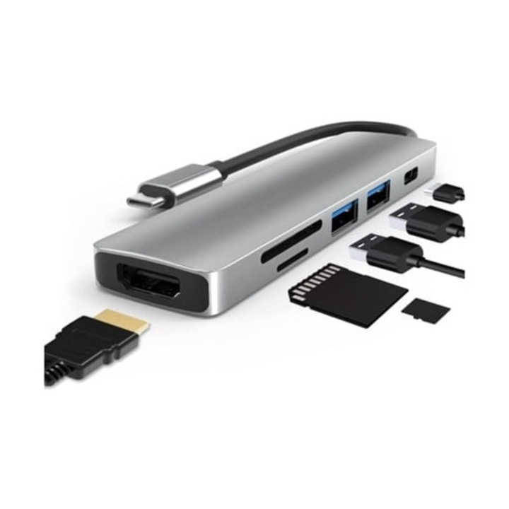 USB C hub HDMI 4K-val, 6 az 1-ben multiport adapter, gyors USB 3.0 adatátvitel, szürke