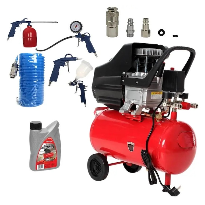 Pachet Compresor aer 24L, 8 bar, kit accesorii, conectori rapizi, ulei 1L