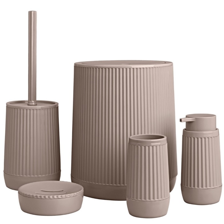 Set accesorii baie Okyanus Nida, 5 piese, plastic, maro, cos gunoi 5L, perie WC, dozator sapun, pahar igiena, sapuniera