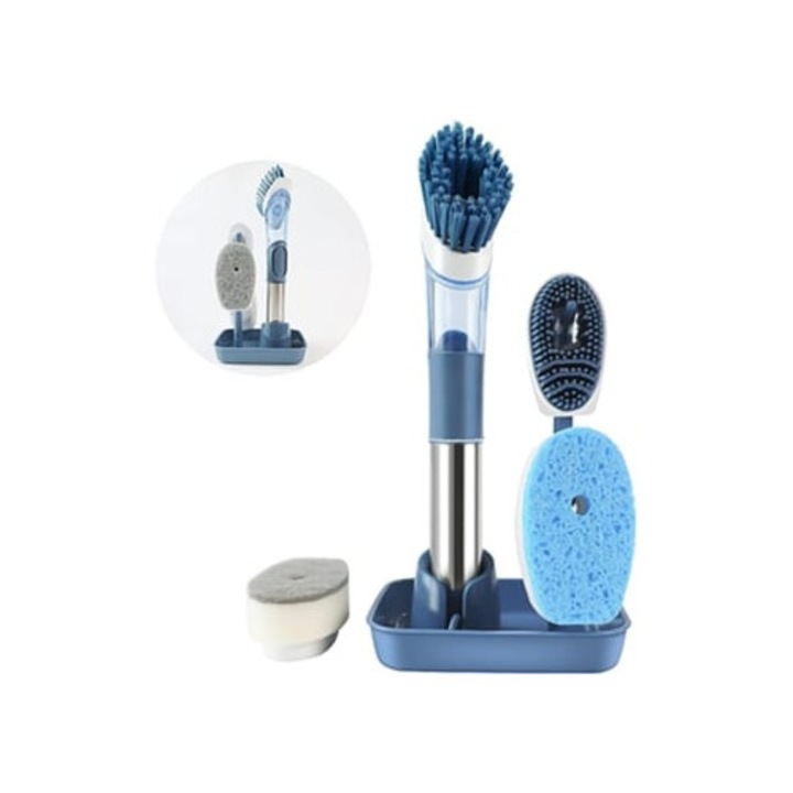 Set suport pentru perie de vase, albastru, cu dispenser