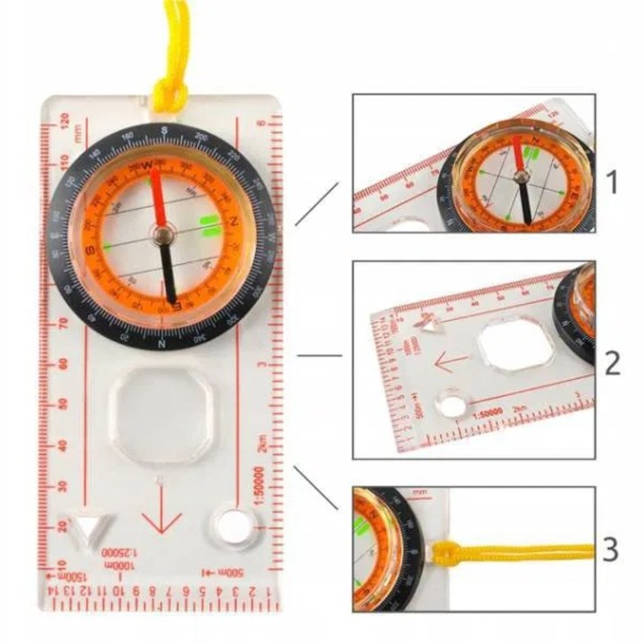 Компас за карта – с линийка, лупа и закачалка, идеален за туризъм, 12,7 x 6 x 1,6 см