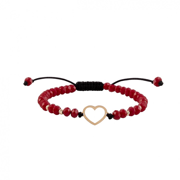 Bratara cu bile de Aur si Cristal fatetat rosu, pandantiv inima, pe snur Royalstone, marime 14-16.5 cm