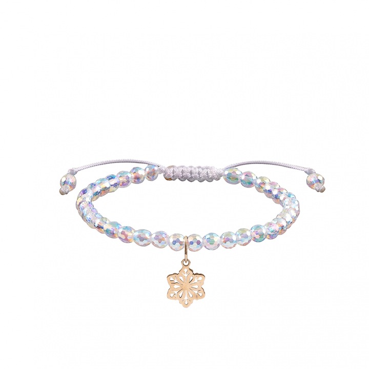 Bratara cu bile de Aur si Cristal fatetat curcubeu, pandantiv fulg de nea, pe snur Royalstone, Multicolor