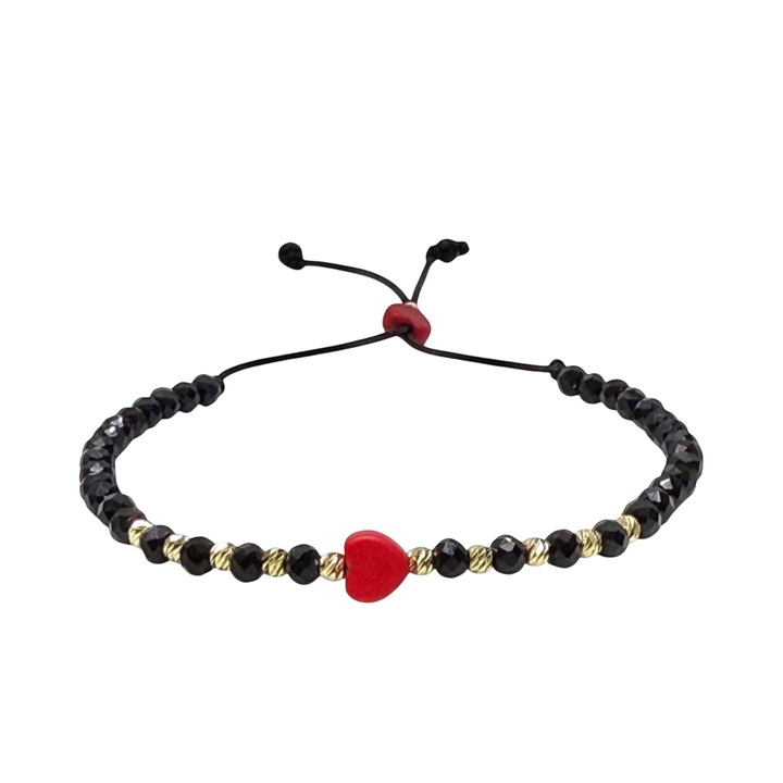 Bratara cu bile de Aur si Cristal fatetat negru, pandantiv inima, Negru