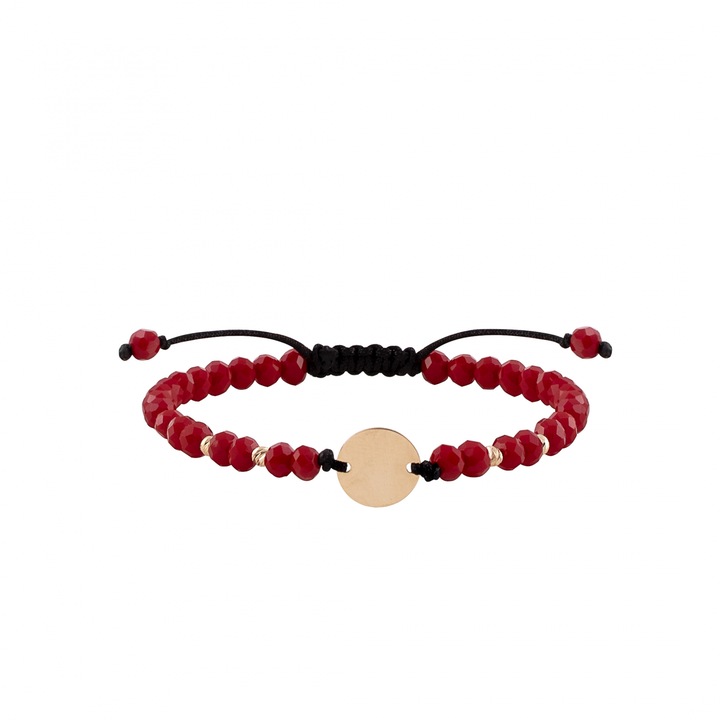 Bratara cu bile de Aur si Cristal fatetat rosu, pandantiv banut, pe snur Royalstone, marime 17-19 cm