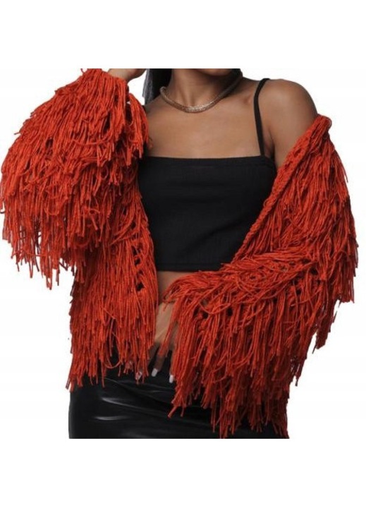 Kardigán rojtokkal, univerzális méret, bohó-sik stílus, termikus kényelem, egyedi megjelenés, narancssárga szín, hossza 68 cm, ujjhossz 56 cm