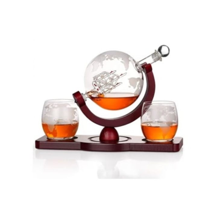 Üvegkészlet 2 gravírozott pohárral, fa tartóval, boroszilikát, átlátszó