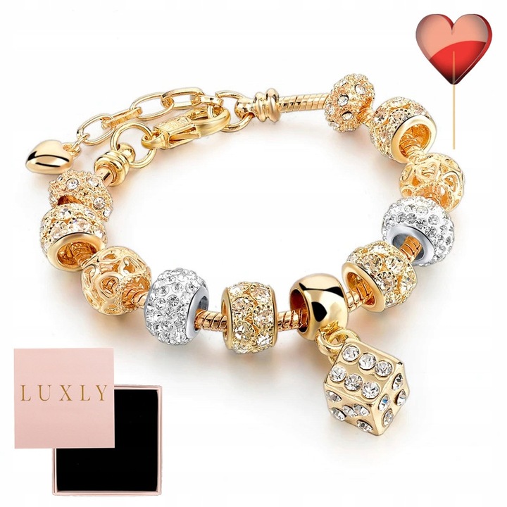 Bratara Cu Cutie, Luxmen, Otel Inoxidabil Placat Cu Aur, 10 Margele Si 1 Pandantiv, Lungime Reglabila 18-24 cm, Eleganta Si Moderna, Aurie