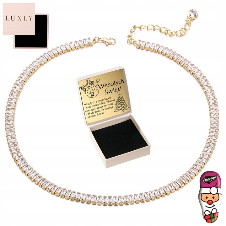 Colier Reglabil Cu Cristale Si Cutie, Luxmen, Otel Inoxidabil Placat Cu Aur 750, Dimensiune 37-42 cm, Hipoalergenic, Cutie Originala Inclusa, Elegant Si Modern, Aurie