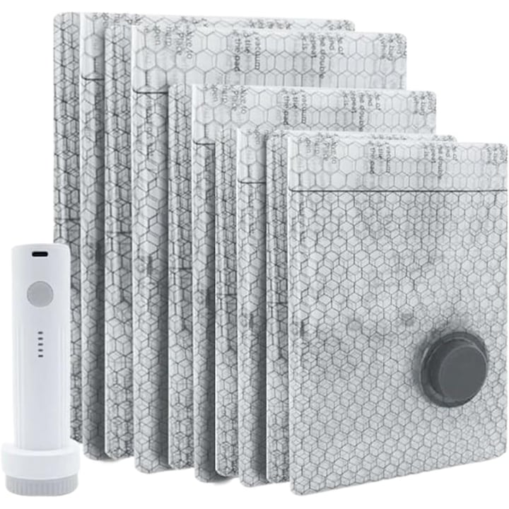 Set 12 Saci de Vidat Haine Bedee, cu pompa electrica, Transparent, 50x40cm + 60x40cm + 60x50cm