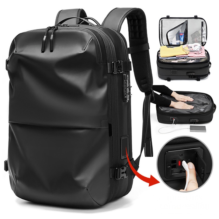 Rucsac Voiaj cu Vacuum Automat, Multifunctional, Impermeabil, Extensibil, Cifru Anti-Furt pentru Laptop, Impermeabil Rezistent la Apa, Buzunare Multiple, Ghizdan Calatorii, Bretele Reglabile si Respirabile, Capacitate 25-60 L, Negru, Alikommerce AK