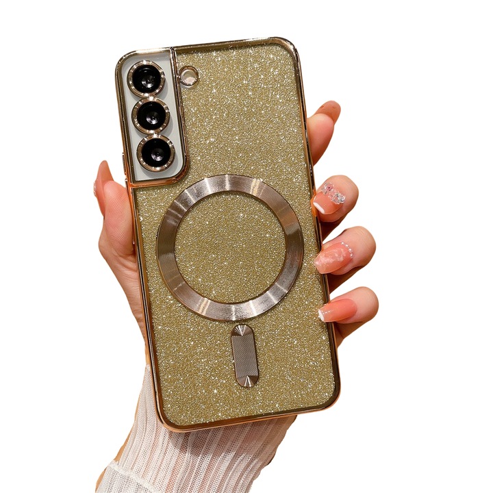 Husa de Protectie 2 in 1, pentru Samsung Galaxy S23FE, Glitter Chrome Magsafe, din TPU, Magnetica, cu Protectie Lentila, Auriu