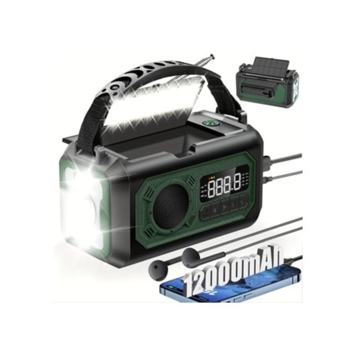 Соларно аварийно радио с LED фенер, преносимо, армейско зелено