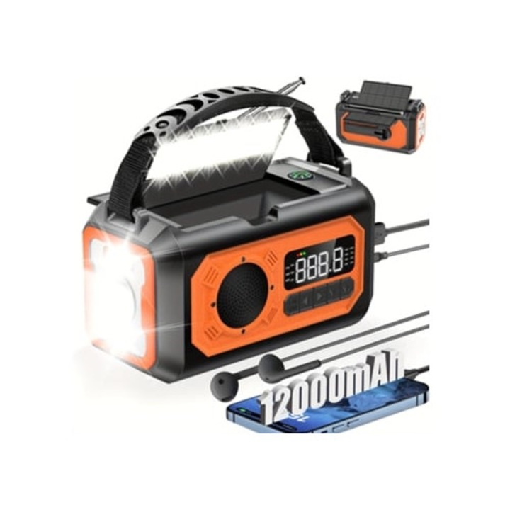 Radio portabil de urgenta cu panou solar, lanterna LED, busola, lumina de citit, portocalie