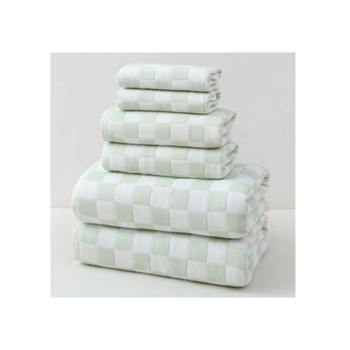 Set prosoape din bumbac 100%, carouri, verde, 6 bucati, 35x35cm/35x75cm/75x140cm