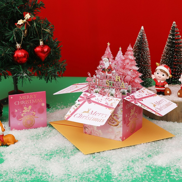 3D Pop-Up Коледна Картичка Miraza, Подаръчна Кутия с Елха и Дядо Коледа, Сгъваема, Лесна за Сглобяване, с Плик и Картичка за Съобщение, 18 x 18,5 см, Хартия, Розова
