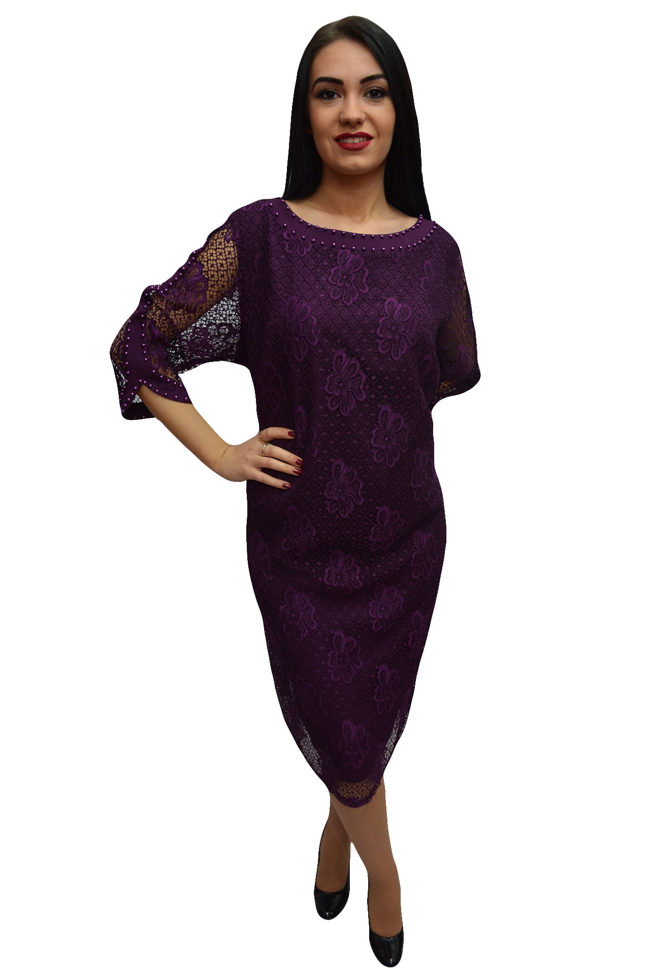 Rochie chic de ocazie realizata din dantela cu margele,masura mare,D&J Exclusive, Mov