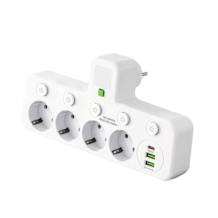 Разклонител NEXTLY, с 4 контакта Schuko, 1 x USB Type-C, 2 x USB-A, индивидуални бутони ON/OFF, нощна лампа, 10A, 2500W, бял