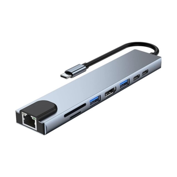 Docking Station 8 in 1, HDMI, USB 3.0, USB-C, 4K/30Hz, incarcare PD 100W, gri