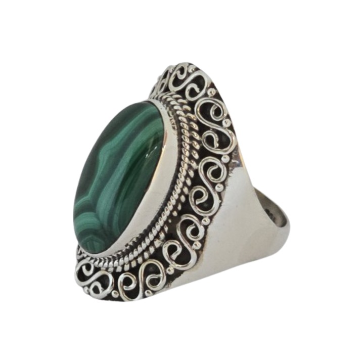 Inel argint 925, argint patinat, cu piatra Malachit, oval, 20.6 mm, Malachit Glorios Waves, cu pietre semipretioase