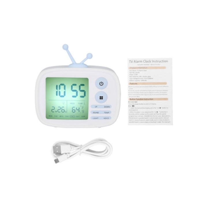 Retro elektronikus ébresztőóra éjszakai fénnyel, fehér