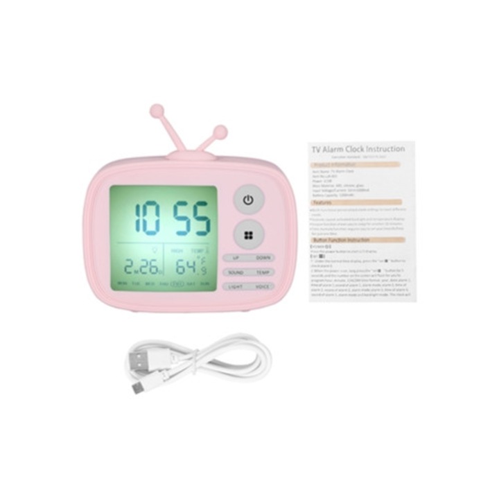 Retro digitális dekoratív óra éjszakai fénnyel és ébresztővel, rózsaszín