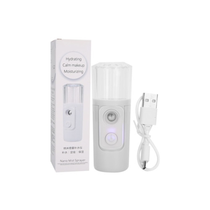 Spray nano portabil reincarcabil pentru hidratarea fetei, alb