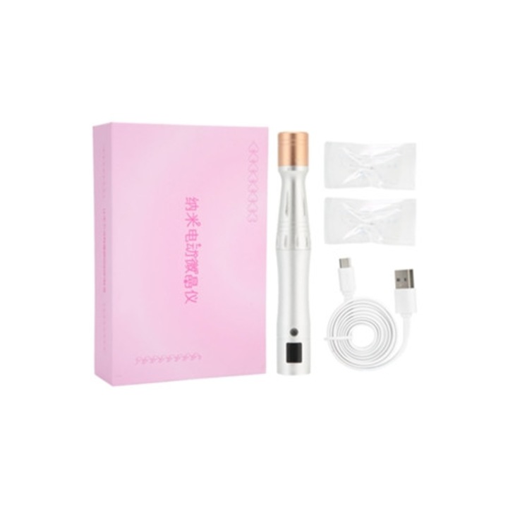 Pen microneedling electric reincarcabil, 5 viteze, LED, pentru eliminarea ridurilor faciale