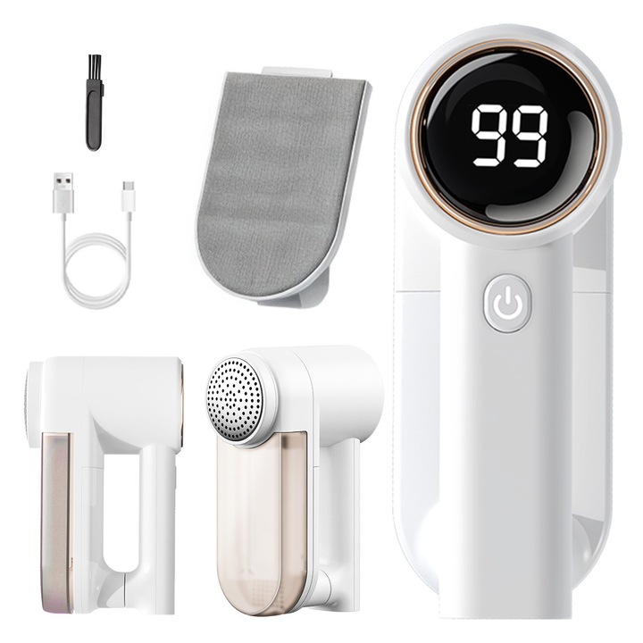 Aparat de curatat scame electric reincarcabil cu afisaj digital，cutit cu 6 lame din inox, 3 inaltimi de taiere，90 de minute de functionare，perie antistatica si compartiment de depozitare