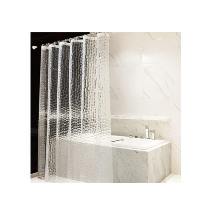 Cortina de dus anti-mucegai 180x200cm, semi-transparenta, EVA, impermeabila, lavabila, cu 12 inele, set pentru baie