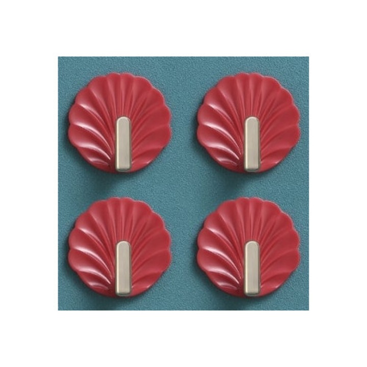 Suporturi perete autoadezive, forme de scoica, rosu, set pentru agatat genti si prosoape