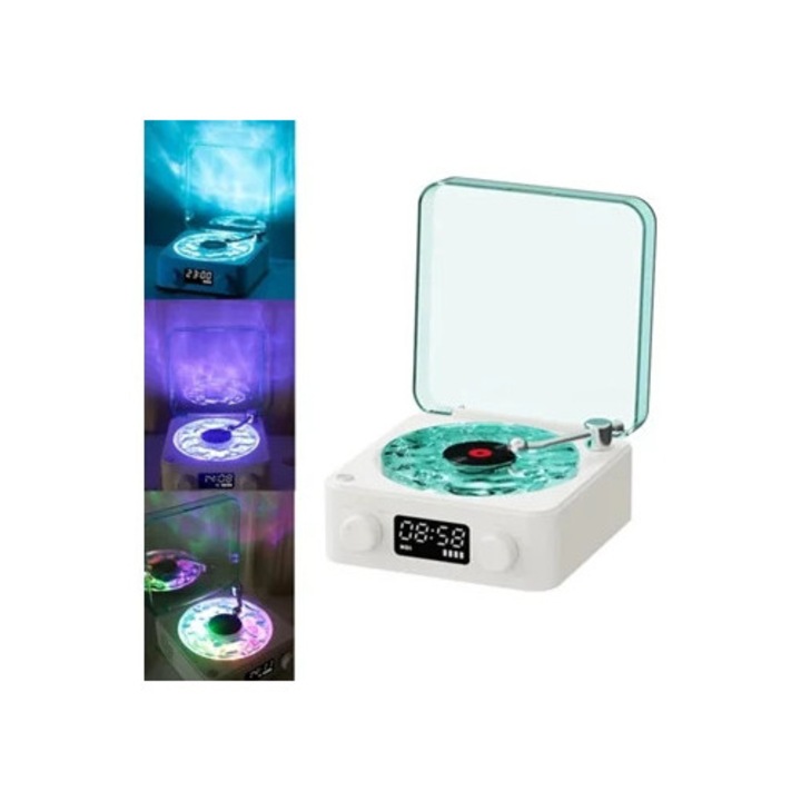 Dekoratív bakelit óra Bluetooth-szal, hordozható, állítható fényű, fehér