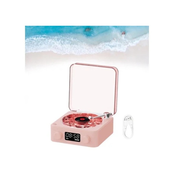 Hordozható retro dekoratív óra Bluetooth hangszóróval, állítható fénnyel, rózsaszín