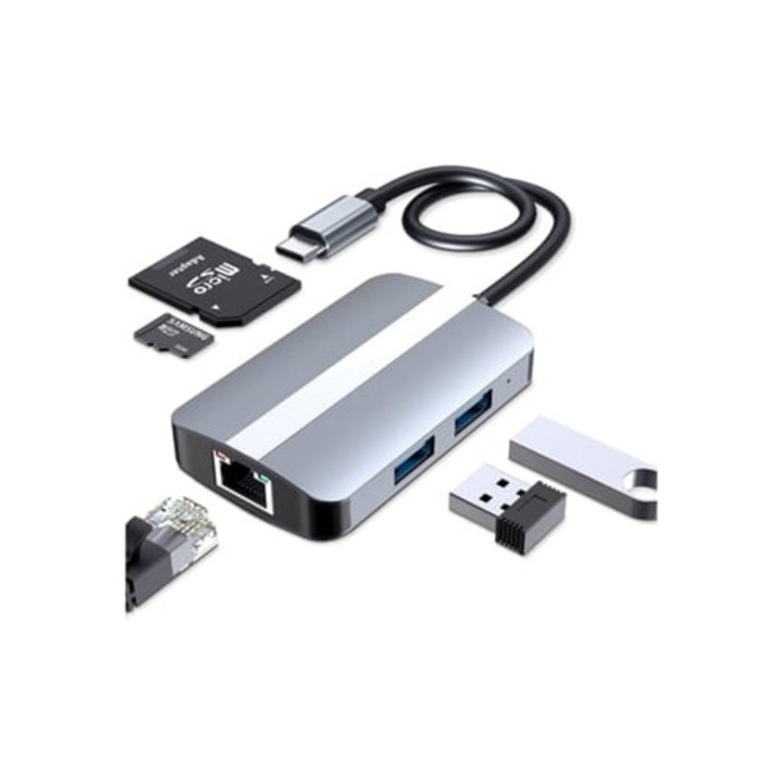 USB C Hub 5 az 1-ben, multiport adapter, USB 3.0, Ethernet, SD/TF kártyaolvasó, fekete