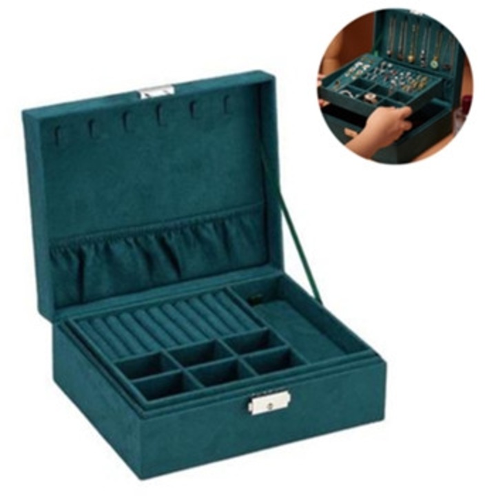 Cutie bijuterii pentru femei, 2 straturi, cu inchidere si suport pentru cercei, inele si coliere, multicolor