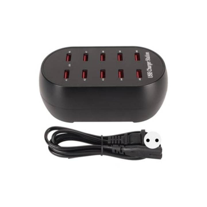 10 portos USB hub, 50W, 5V 2.4A, fekete