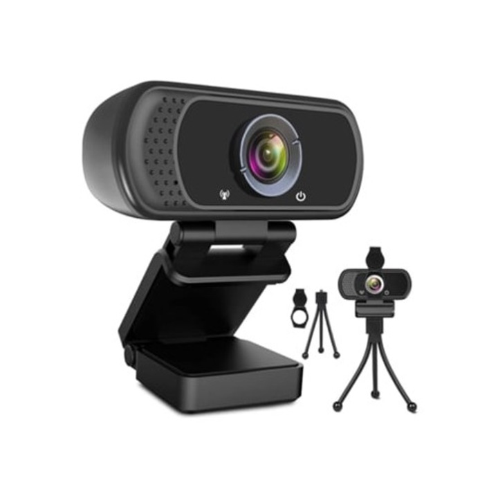 Уеб камера HD 1080P, 110 градуса, черна, с микрофон, USB, комплект за лаптоп и настолен компютър