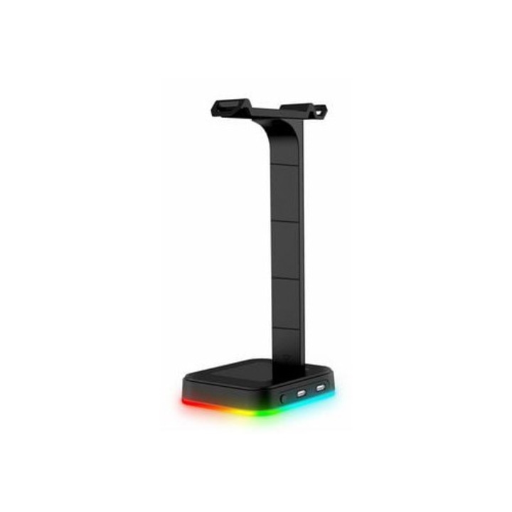 RGB стойка за слушалки за бюро, USB стойка, геймърски дизайн, черна