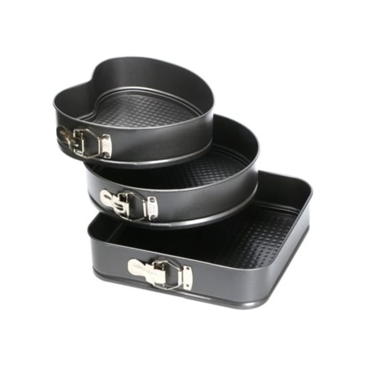 Set de 3 forme prajituri removabile, rotunda, patrata si inima, negru