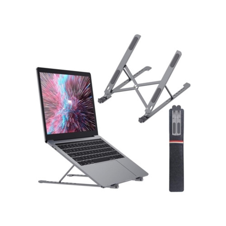 Suport laptop ajustabil, 8 niveluri, foldabil, aluminiu, pentru laptopuri si tablete pana la 17 inch