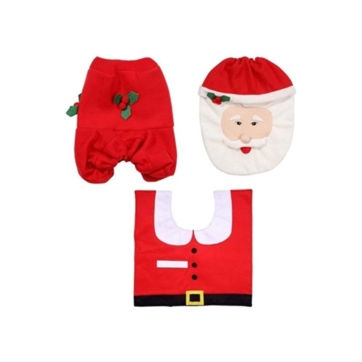 Комплект аксесоари за баня Merry Santa's Workshop, капак за тоалетна, мек килим, калъф за кутия за салфетки